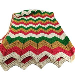Vintage Crochet Chevron Striped Afghan Blanket Throw Fringe 52 x 74 Orange Green